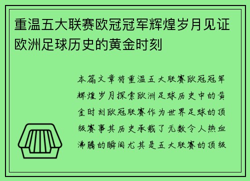 重温五大联赛欧冠冠军辉煌岁月见证欧洲足球历史的黄金时刻
